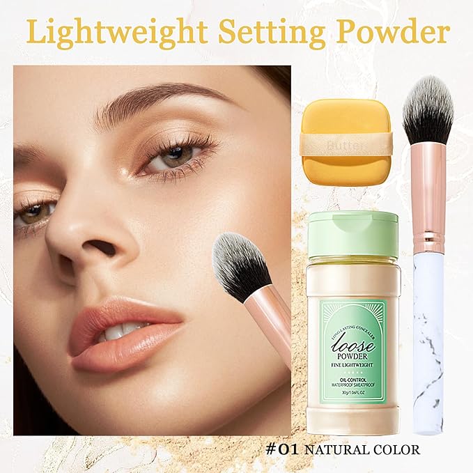 Lightweight Setting Powder,Waterproof Oil Control Translucent Face Powder,Smooth Puff(Natural Color)