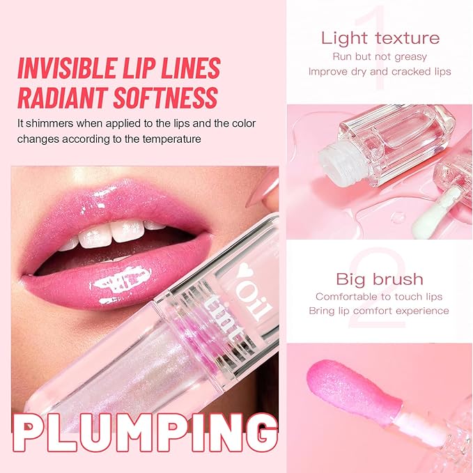 Magic Color Changing Lip Oil, Lip Oil Color Changing, Hydrating Lip Gloss Warm Change, Big Brush Color Changing Lip Oil, Lip Changing Oil Long Lasting Shimmery, Non-sticky Primer Lip Tint