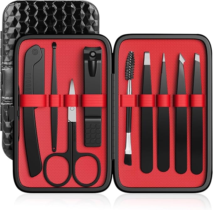 Tweezers Set, Hyxhappy 9 pcs Professional Stainless Steel Tweezers Kit for Facial Hair, Precision Plucker Eyebrow Tweezer Kit with Luxurious Travel Case as Stocking Stuffers Gifts for Women/men