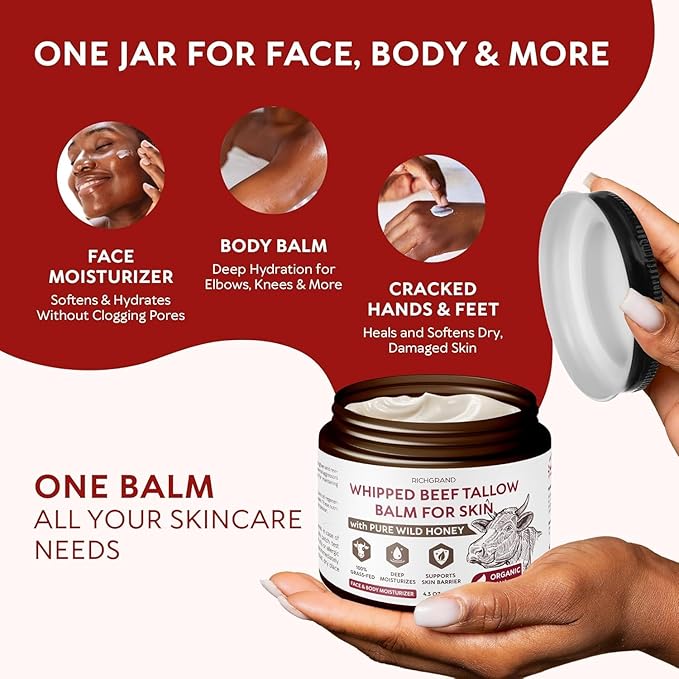 Beef Tallow for Skin, 4 Pack (17.2 fl oz) - Whipped Grass-Fed Moisturizer with Wild Honey & Beeswax, Natural Face & Body Care, Deep Hydration, Anti-Aging, Sensitive Skin Safe