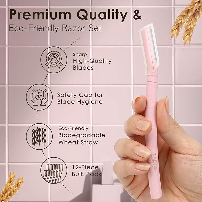 Biodegradable Wheat Straw Disposable Razors for Women – 12 Pack, Single-Color, Safety Cap – Facial & Eyebrow Razors for Unwanted Hair, Beauty Tools & Accessories(Brown)