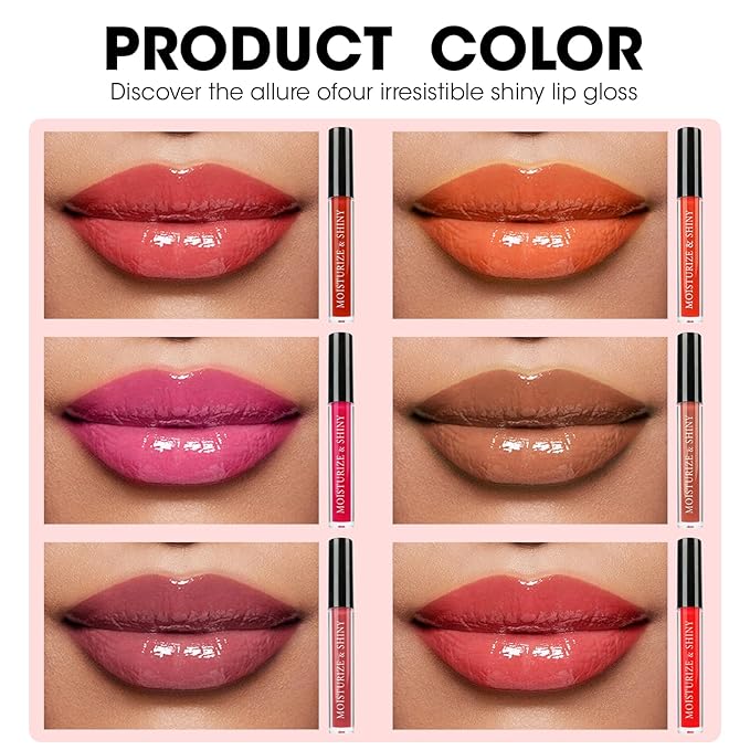 AZEN 6 Pack Lip Gloss Bulk Set, Shimmery Lip Gloss for Women and Girls With Rich Varied Colors