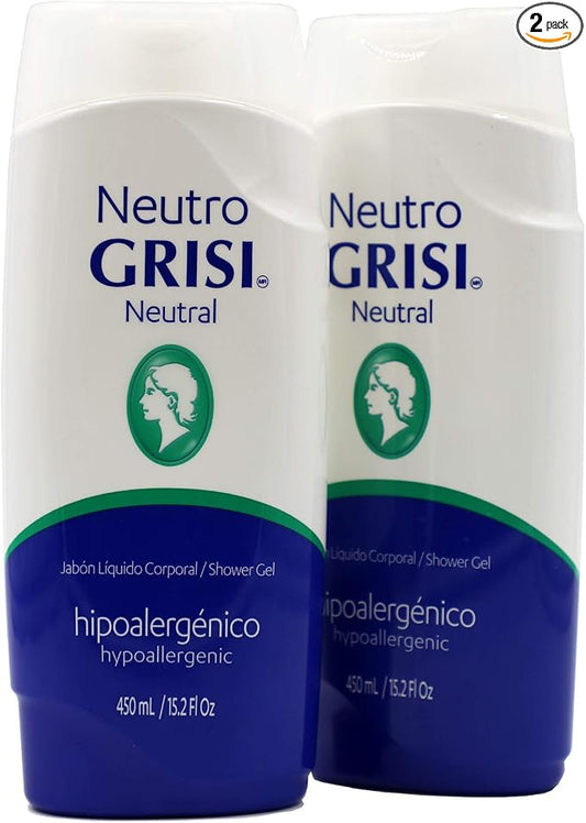 Grisi Neutral Shower Gel, Cleansing Shower Gel, Hypoallergenic, Sensitive Skin, Smother Skin, 2-Pack of 15.2 FL Oz, Bottles.