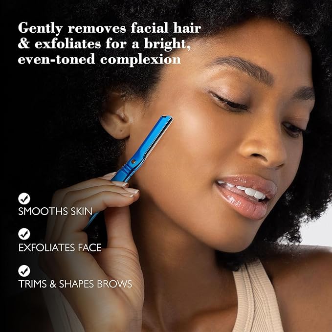 Dermaplane Razor for Women Face with 6 Refill Blades, Dermaplaning Tool Face Razors for Removes Facial Hair, Peach Fuzz, Reusable Metal Handle Eyebrow Razor (Blue)