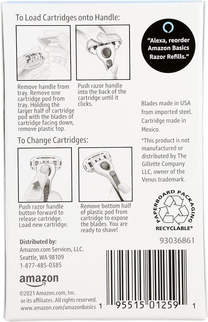 Amazon Basics 5-Blade Razor Refills for Women, 6 Count (Fits Amazon Basics Razor Handles Only) (Previously Solimo) (Pack of 2)