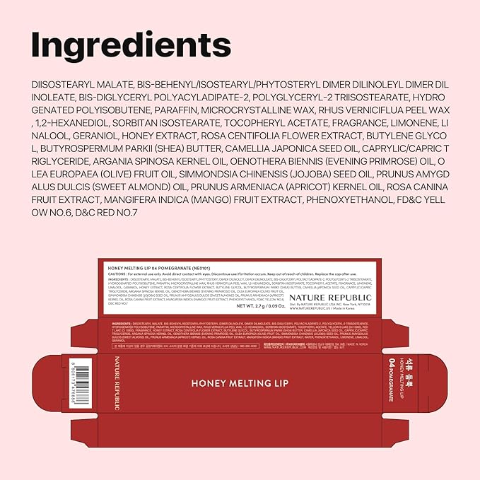 Nature Republic HONEY MELTING LIP (04 POMEGRANATE) SOFT LIP STICK, Hydrating Gloss, Moisturizing balms, Sheer tint, Shine & Glowy Finish, korean make up