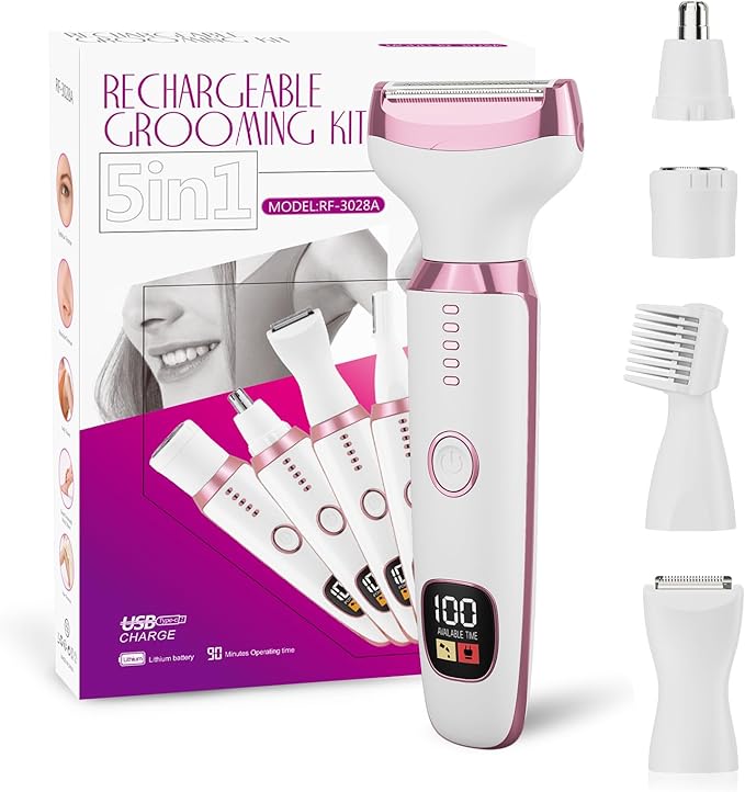 Bikini Trimmer for Women, 5 in 1 Electric Razors for Shaving, Waterproof Rechargeable Pubic Hair Trimmer with LED Display, Pink