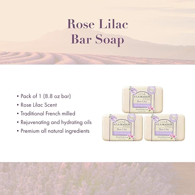 A LA MAISON Rose Lilac Bar Soap - Triple French Milled Natural Moisturizing Hand Soap Bar (1 Bar of Soap, 8.8 oz)