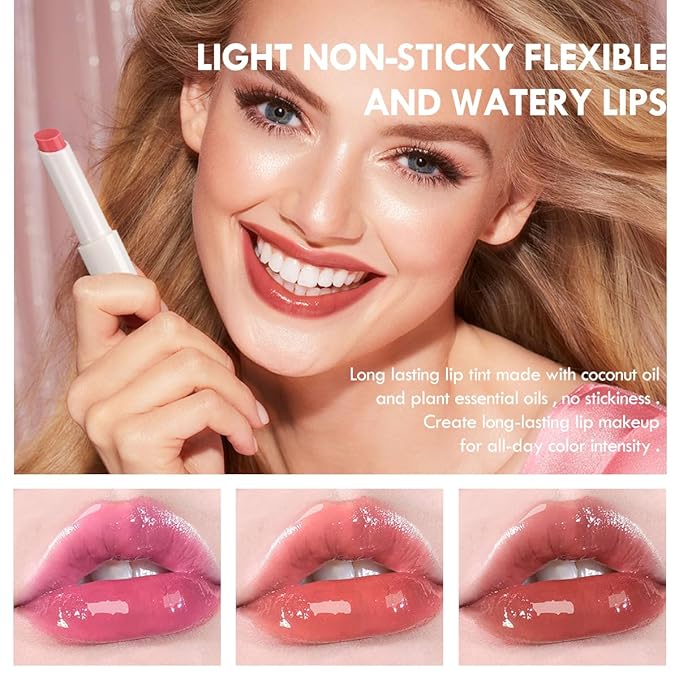 2 Colors Lip Plumper Gloss Moisturizing Lip Tint Stain Hydrating Lips Solid Serum Glossy Plumping Lip Gloss Long Lasting,Waterproof,Non Sticky (Set A)