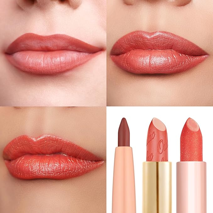 Oulac Lipstick & Lipliner Set 3PCS High Impact Lipcolor with Moisturizing Formula, Vegan Beauty, Full-Coverage Lip Color, Gift Lipstick for Women, LL05+GM12+PG04