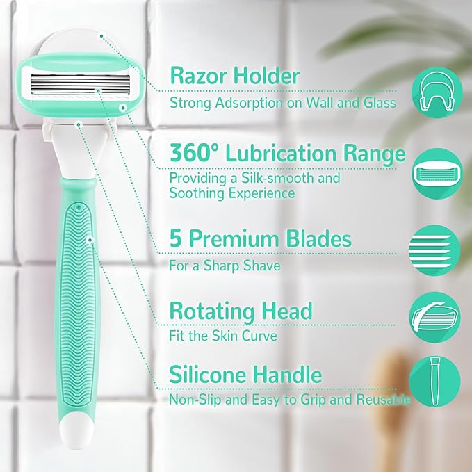 DreamGenius Razors for Women Include 2 Non-Slip Handles and 14 Blade Refills with a Shower Holder, 5 Premium Blades Women's Razors for Shaving with 360° Lubrication Reduces Irritation, Green