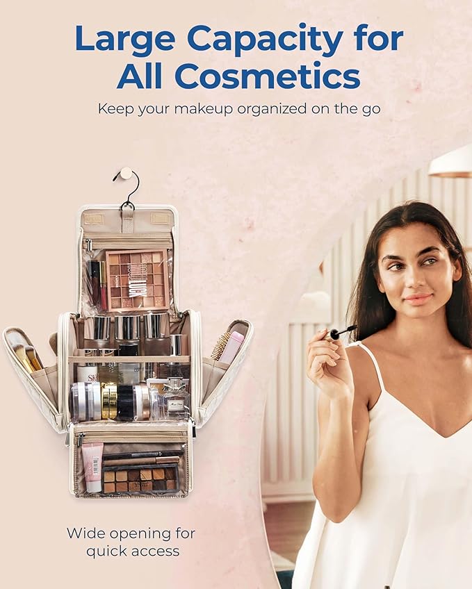 BAGSMART Toiletry Bag Travel Makeup Bag with Hanging Hook, Cosmetic Bag Make Organizer Case, Large Capacity Water-resistant Organizer for Toiletries Accessories Brushes Sponge, Beige