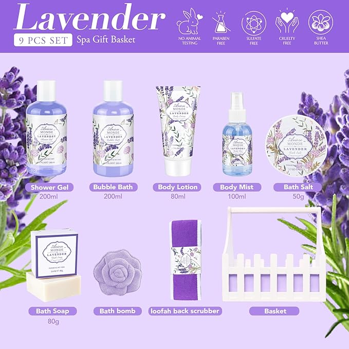 Lavender & Jasmine Scented Spa Gift Set for Women, Includes Body Lotion, Shower Gel, Salts, Bubble Bath, Body Mist, Soap, Bath Bombs