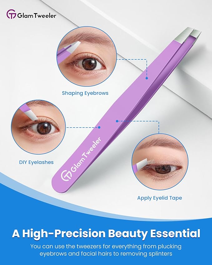 Expert Slant Tip Tweezers with Leather Case, GlamTweeler Sharp & Precision Stainless Steel Tweezer for Eyebrows, Facial Hair and Fine Hairs Removal (Violet)