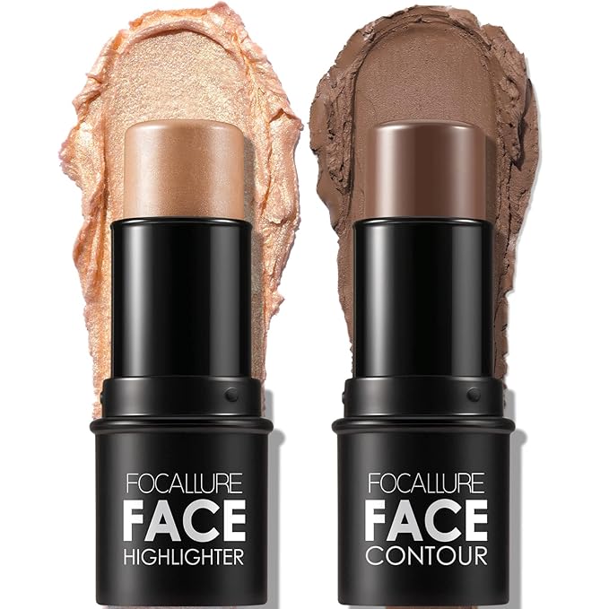 FOCALLURE 2 Pcs Mineral Cream Contour Stick,Moisturize Highlighter Illuminator Makeup,Deep