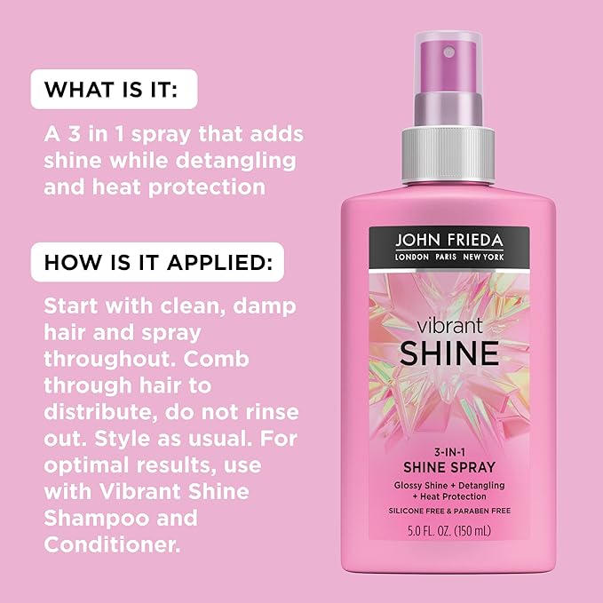 John Frieda Vibrant Shine 3 in 1 Spray, Detangles Hair, and Heat Protects, Infused with Rosehip Oil to Boost Shine for Radiant, Glossy Hair Across All Shades, Styles, & Textures, 5 Oz