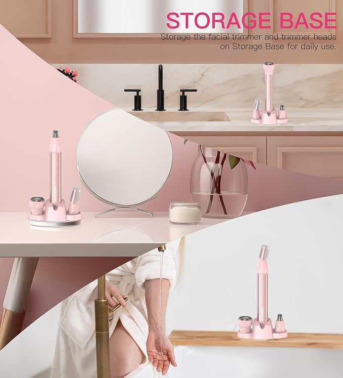 Nose Hair Trimmer for Women 3in1 Facial Hair Removal Trimmers with Storage Base - Waterproof, Portable USB Rechargeable with Travel Bag- Trims Nose, Ear, Eyebrow, Peach-Fuzz, Lips, Chin Face Hair