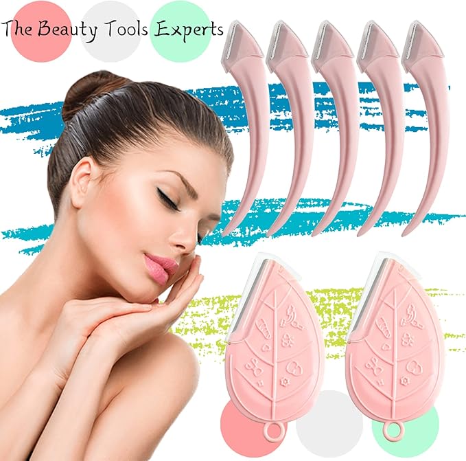 ONEUPIN 12PCS Eyebrow Trimmer Set Stainless Steel Leaves Curved Eyebrow Razor Trimmer Facial Shaver Razor Brow Shaper Suitable for Any Skin Type Hair Removal Accessories for Men Women(Pink)