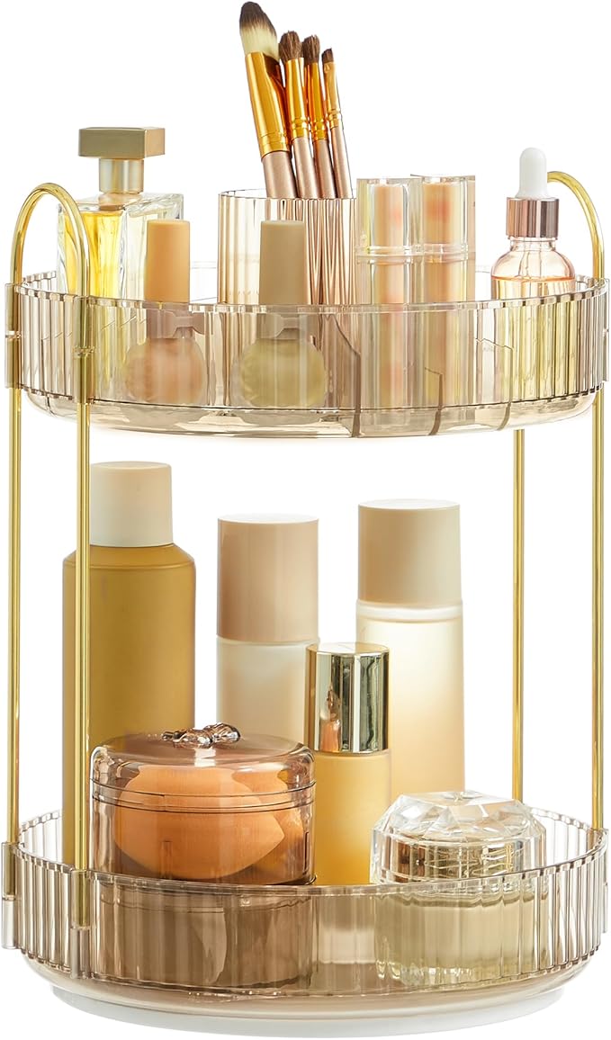 SONGMICS Makeup Organizer, 2-Tier Round Rotating Skincare Organizer Countertop, Customizable, Toiletries Vanity Organizer, Lazy Susan, Gift, Champagne Gold UJKA012A01