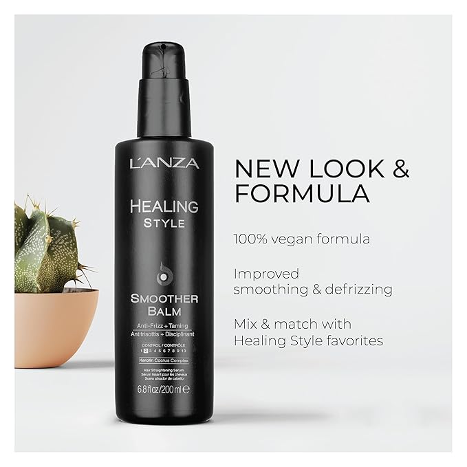 L'ANZA Healing Style Smoother Balm, New & Improved Keratin Hair Treatment & Hair Straightener Serum, Heat Protection & Anti Frizz Formula, for Curly, Frizzy & Wavy Locks