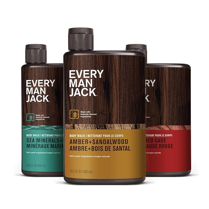 Every Man Jack Men's Body Wash Variety Pack - Includes 3 Body Washes with Natural Ingredients & Incredible Scents - Amber + Sandalwood, Cedar + Red Sage, Sea Minerals + Citron Fragrances (3 Pack)