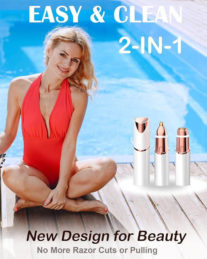 Facial Hair Remover and Eyebrow Trimmer - 2 in 1 Facial Hair Removal Epilators for Women - Rechargeable Travel Face Hair Razor Bikini Shaver for Face Peach Fuzz Lips Chin Armpit Body (White)