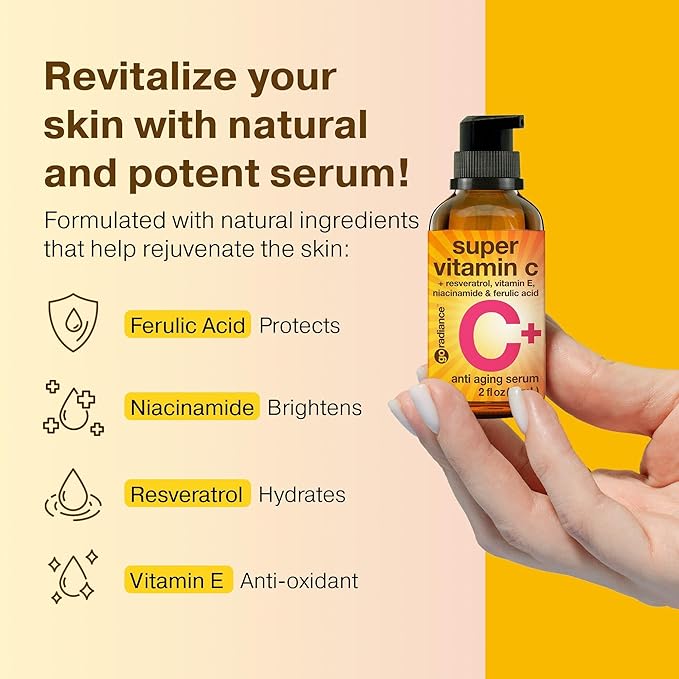 Double Size (2OZ) Super Vitamin C Serum for Face w/Niacinamide Serum, 5% Vitamin C Face Serum w/Hyaluronic Acid, Resveratrol, Anti-Aging Brightening Super C Serum, Facial Serum Vitamina C, E