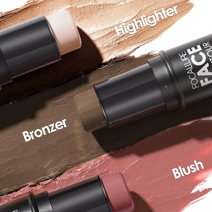 FOCALLURE 3 Pcs Cream Contour Sticks,Shades with Highlighter Finishing Makeup,DEEP