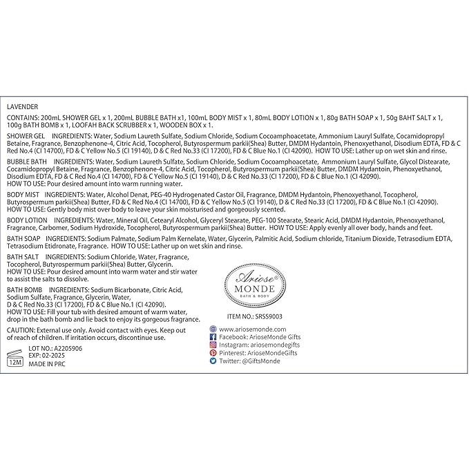 Lavender & Jasmine Scented Spa Gift Set for Women, Includes Body Lotion, Shower Gel, Salts, Bubble Bath, Body Mist, Soap, Bath Bombs