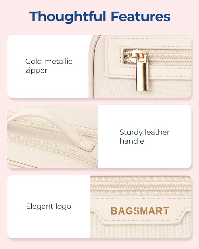 BAGSMART Travel Makeup Bag, Portable Make Up Bag, Wide-open Makeup Organizer Cosmetic Bags for Women for Travel Essentials Travel-Size Toiletries Accessories Bottles, Brushes (Beige)