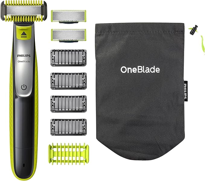 Philips OneBlade Hybrid Body and Face Stubble Trimmer with 4 x Lengths, 2 Extra Blade and Travel Pouch,