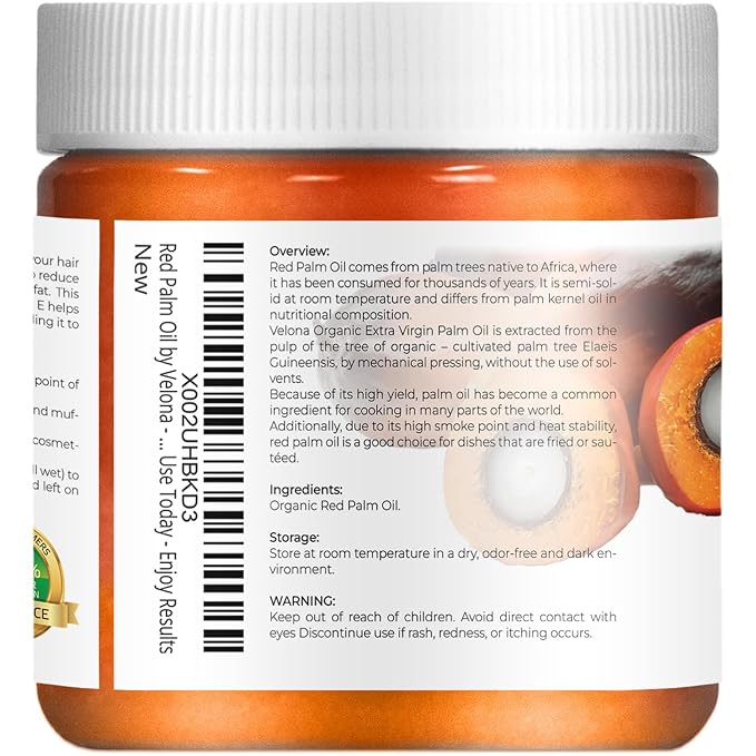 velona USDA Certified Organic Red Palm Oil 4 Fl Oz | Food and Cosmetic Grade | in jar | Extra Virgin, Cold Pressed | Skin, Face, Body, Hair Care | Use Today - Enjoy Results