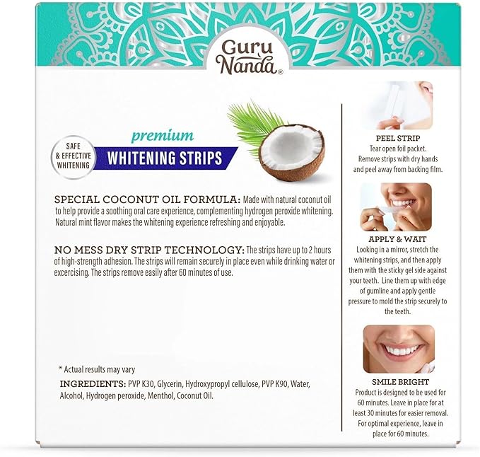 GuruNanda Teeth Whitening Strips - 16-Day Treatment with Non-Slip, Dry Strip Technology - Whitening Designed with Care for a Brighter Smile