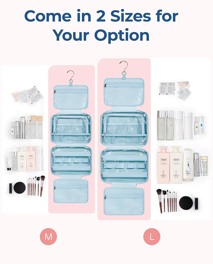 BAGSMART Travel Toiletry Bag with Jewelry Organizer, Hanging Travel Bag for Toiletries, Puffy Makeup Cosmetic Bag Organizer, Carry-on Travel Accessories Essentials, Light Blue-L