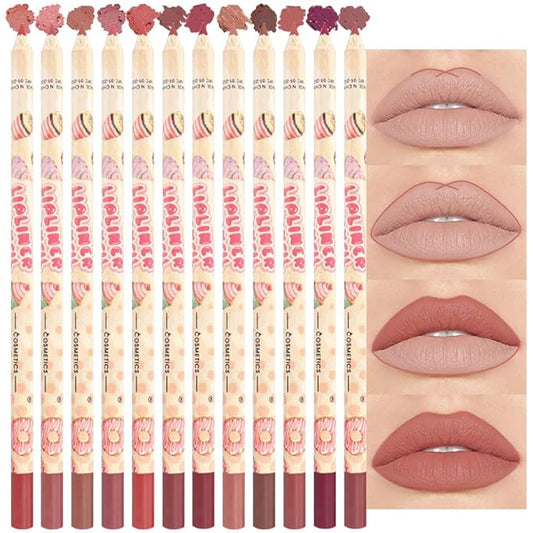 12 Colors Lip Liner Pencils Pack Set,12Pcs Natural Nude Brown Lipliner Bundle, Creamy Matte Labiales, Cool Tone Neutral Pink for Lip Makeup-set15