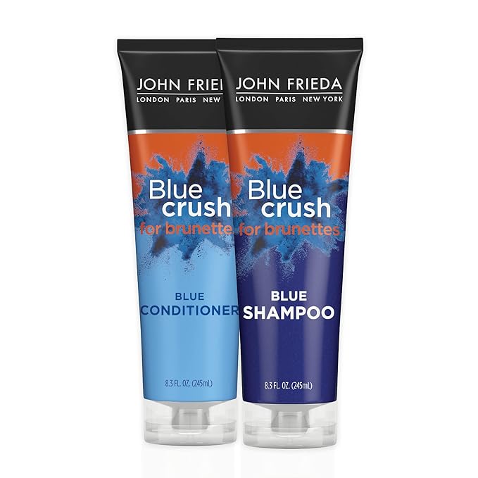 John Frieda Blue Crush Shampoo and Conditioner Set for Brunettes, Nourishes Color-Treated and Natural Hair, Blue Pigments for Vibrant, Cool-Toned Brunette Hair, 8.3 Oz, Pack of 2