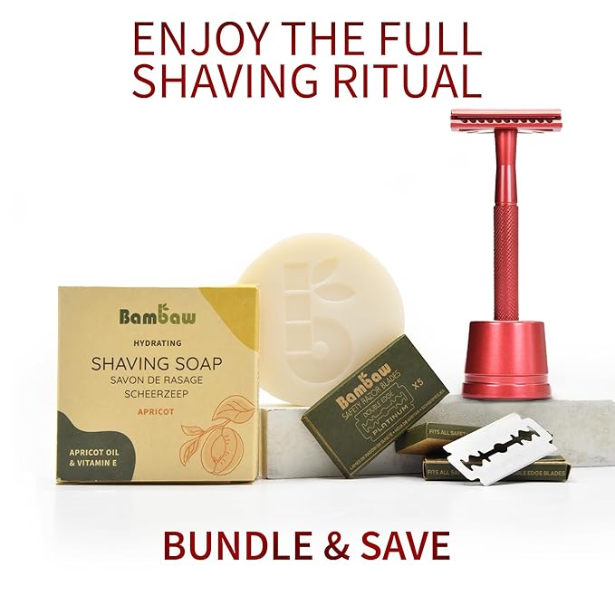Bambaw Double Edge Safety Razor with Stand, Safety Shaving Razor with 5 Double Edge Safety Razor Blades, Eco-Friendly Razor for Shaving – Red