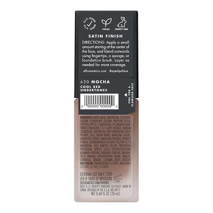 e.l.f. Flawless Satin Foundation, Lightweight & Medium Coverage, Semi-Matte Finish, Vegan & Cruelty-Free, Mocha, 0.68 Fl Oz (20mL)