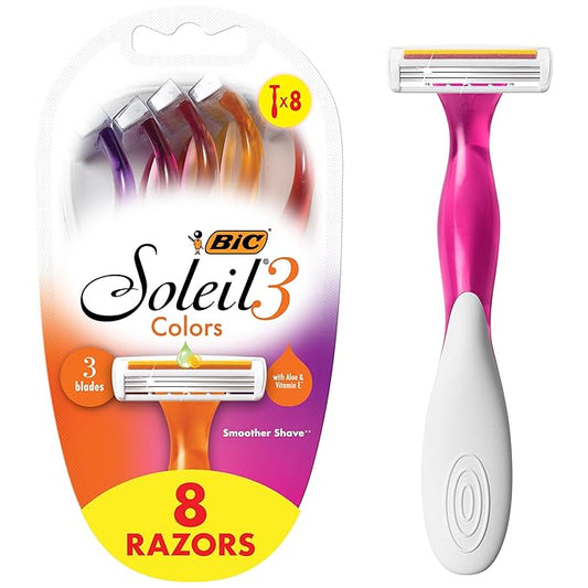 BIC Soleil Smooth Colors Women's Disposable 3 Blade Razors, Vibrant Handles and Moisture Strip, 8-Pack
