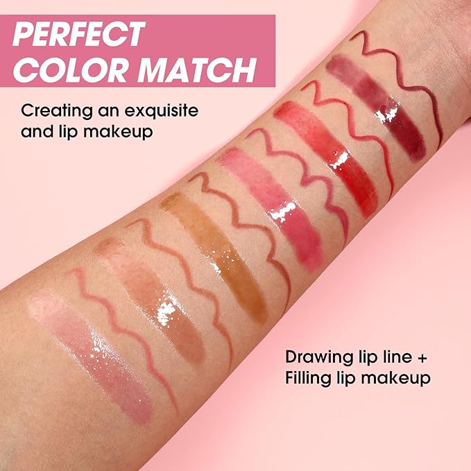 Jolilab Matte Lip Liner Lip Oil Set, Lip Makeup Set Natural Smooth Long-Lasting And Hydrating Beauty Daily Cosmetics Gift for Girls Easy-to-Use(12pcs)