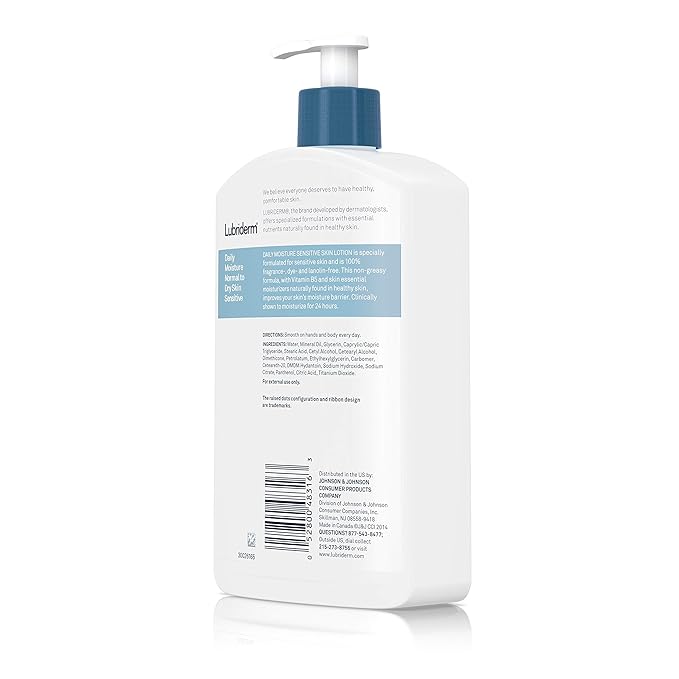 Lubriderm Daily Moisture Body Lotion for Sensitive, Dry Skin, Enriched with Vitamin B5, Dye and Lanolin Free, Unscented and Non-Greasy, 16 fl. oz