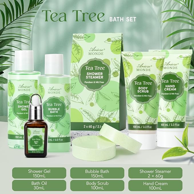 Spa Gift Basket - Tea Tree Bath Set With Shower Gel, Bubble Bath, Hand Cream, Soap, Salt, Essential Oil - Luxury Body Gift Kit for Women