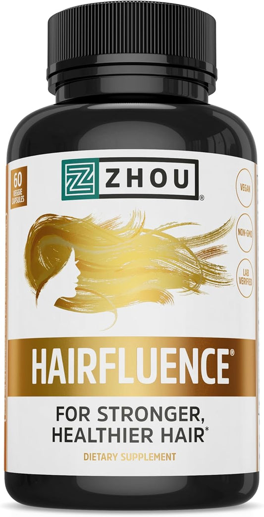 Zhou Hairfluence - Vegan Biotin Supplement for Hair Growth for Men & Women, Supports Stronger, Healthier Hair, Nails, & Glowing Skin with B Vitamin Complex - 60 Veggie Capsules (Pack of 1)