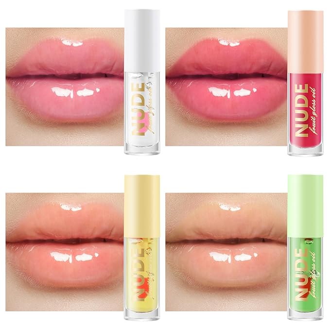 Color Changing Lip Oil Set, Hydrating Lip Glow Oil, High Shiny Plumping Lip Oil, Non-Sticky Lip Gloss, Nude Fruity Glow Oil