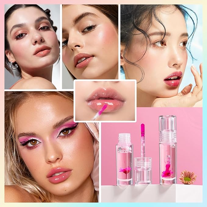 Plumping Lip Glow Oil,Hydrating Tinted Lip Oil Color Changing Lip Gloss Floral Moisturizing Lip Balm Lip Care For Dry Lip Long Lasting Nourishing 3Pack