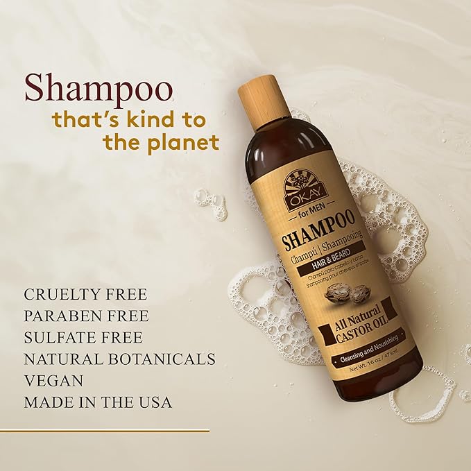 Okay for MEN Castor Oil Hair & Beard Shampoo - Hydrating Shampoo for Healthy Hair & Beard Growth, Moisturizing Care, Strengthen & Restore Damage, Natural, Sulfate-Free - 16 Oz