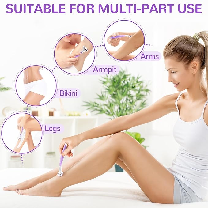 DreamGenius Razors for Women Include 2 Non-Slip Handles and 14 Blade Refills with a Shower Holder, 5 Premium Blades Women's Razors for Shaving with 360° Lubrication Reduces Irritation, Purple