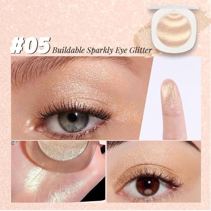 Low Saturation Delicate Long-Lasting Eyeshadow Palette, Monochrome Glitter Pressed Cream Single Vegan (10 Glittle Gold)