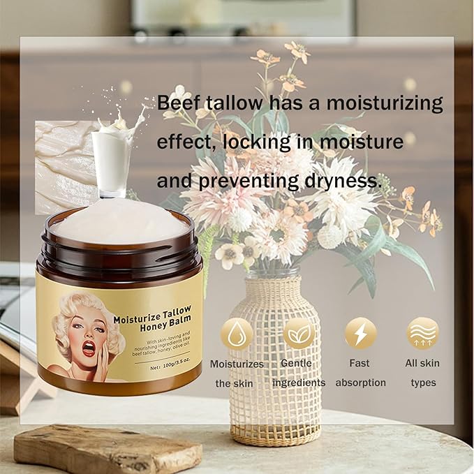 Whipped Beef Tallow and Honey Balm, Grass-Fed Beef Tallow & Raw Wild Honey Blend Moisturizer, 3.5oz, Tallow Face Moisturizer Body & Face Moisturizer Infuses the Body with honey To Moisturize the Skin