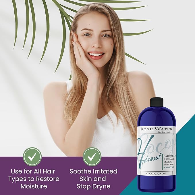 Rose Hydrosol Water Spray Toner 32 oz for Face Hydrating Mist Hydration Pure & Natural Rosewater Hydrosol All Skin Types Face Skin Pores Body Locs Cleansing Bulk Refill COCOJOJO - Packaging May Vary